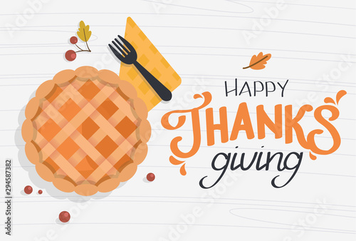 Happy Thanksgiving calligraphy text. Festive quote with a pumpkin pie. Vector calligraphy lettering holiday quote