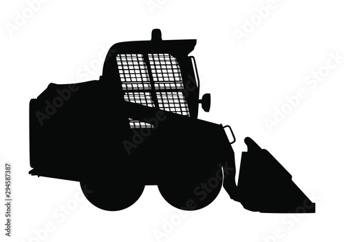Mini bulldozer, skid loader vector silhouette isolated on white background. Digger. Excavator dozer for land. Under construction. Industrial building machine bager. Motor grader. Hard work industry.