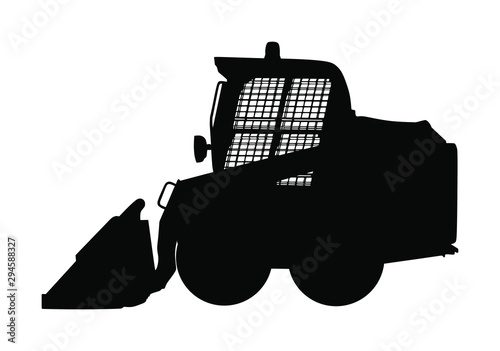 Mini bulldozer, skid loader vector silhouette isolated on white background. Digger. Excavator dozer for land. Under construction. Industrial building machine bager. Motor grader. Hard work industry.