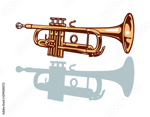 A trumpet and it's silhouette set. Vector illustration.