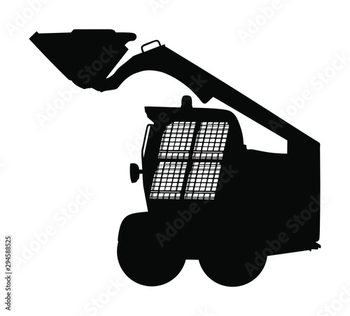 Mini bulldozer, skid loader vector silhouette isolated on white background. Digger. Excavator dozer for land. Under construction. Industrial building machine bager. Motor grader. Hard work industry.