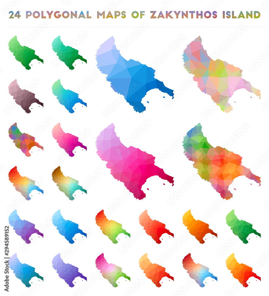 Set of vector polygonal maps of Zakynthos Island. Bright gradient map of island in low poly style. Multicolored Zakynthos Island map in geometric style for your infographics.