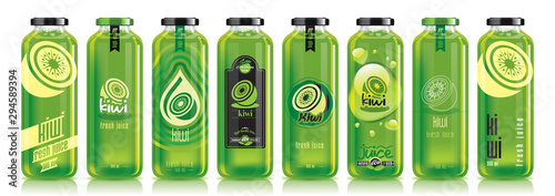 Vector kiwi juice, glass fruit bottle set