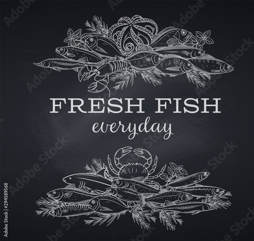 Vector banners hand drawn fish, blackboard