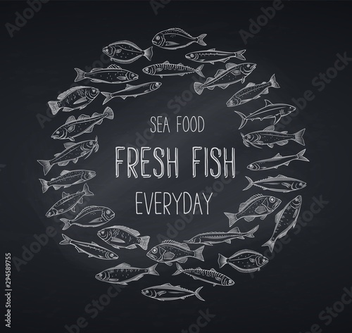 banners hand drawn fish, blackboard