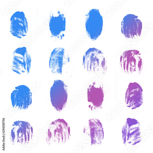 Sixteen fingerprints on a white background, bright saturated colors. Pink, blue and purple shades illustration.Bright gradient traces. Interesting decoration for your design. Biometrics