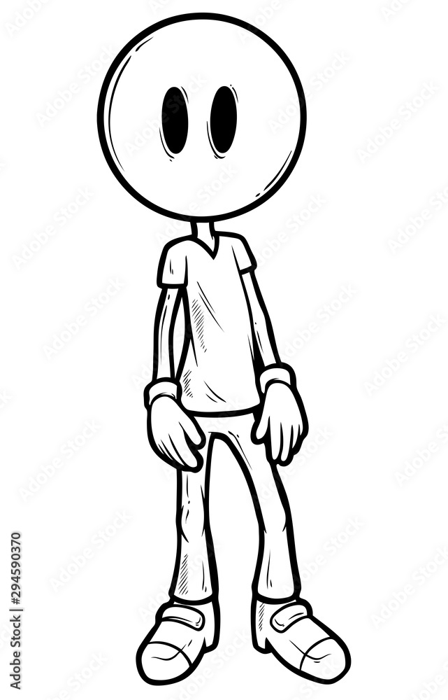 Graphic cartoon hand drawn black and white standing funny cute smile head boy character with big eyes. Isolated on white background. Vector icon. Graphic cartoon hand drawn black and white standing funny cute smile head boy character with big eyes. Isolated on white background. Vector icon.