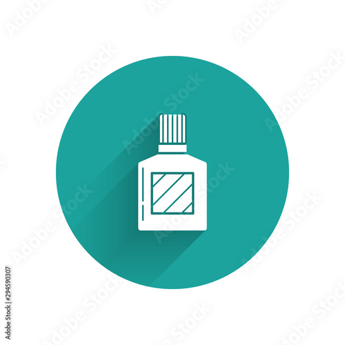 White Aftershave icon isolated with long shadow. Cologne spray icon. Male perfume bottle. Green circle button. Vector Illustration