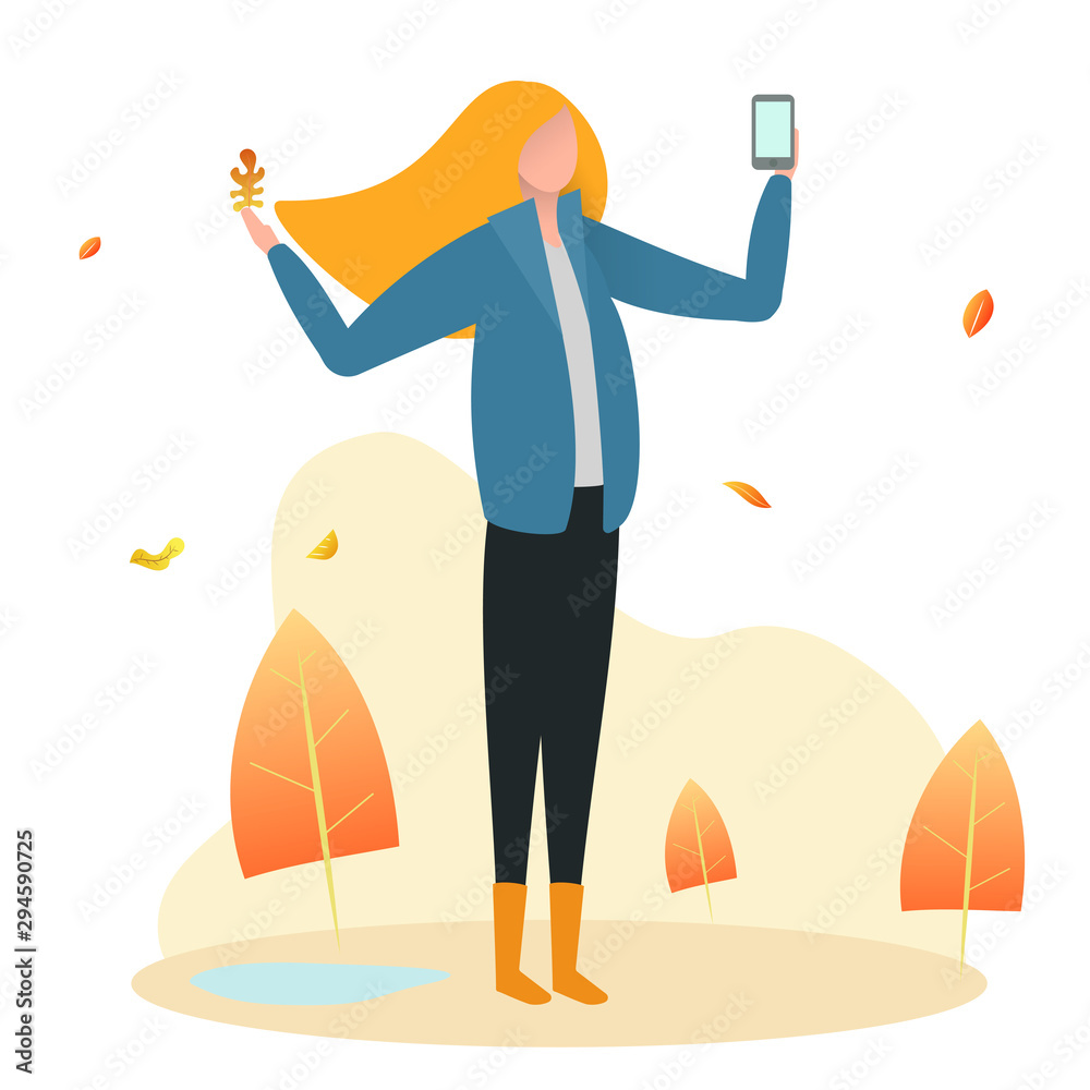 Cartoon woman in warm clothes makes selfie smartphone on background of yellow leaves. Beautiful outdoor autumn seasonal composition. Modern flat vector illustration.