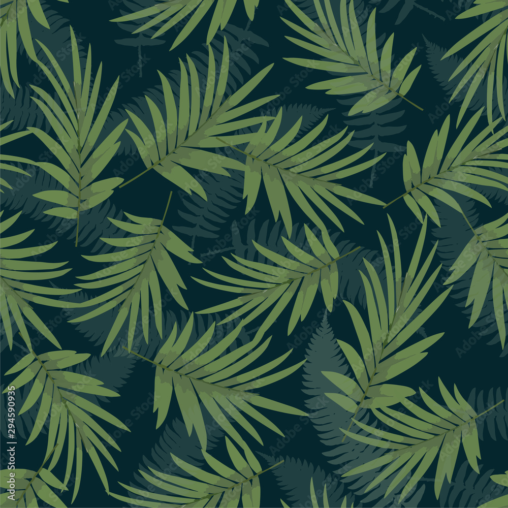 Tropical pattern with palm leaves on dark green backdrop. Seamless green botanical backdrop. Vector illustration.