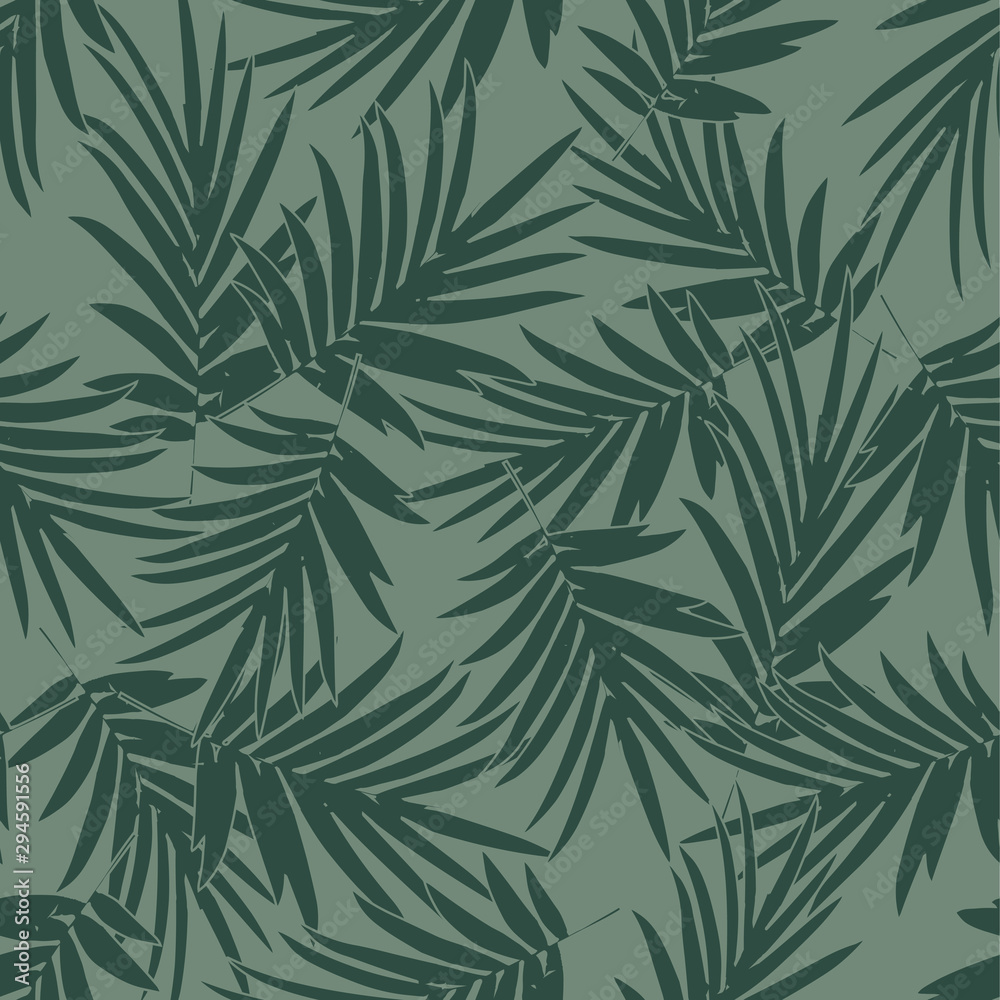 Tropical seamless pattern with palm leaves on green backdrop. Seamless green and white botanical backdrop. vector illustration. Tropical seamless pattern with palm leaves on green backdrop. Seamless green and white botanical backdrop. vector illustration.