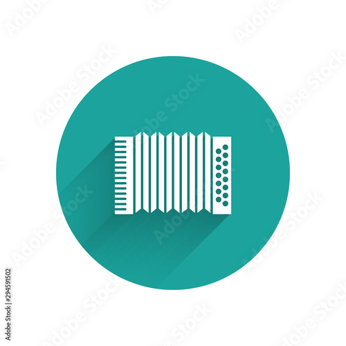 White Musical instrument accordion icon isolated with long shadow. Classical bayan, harmonic. Green circle button. Vector Illustration