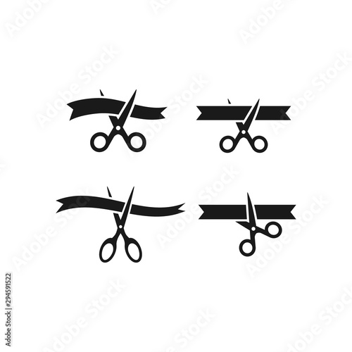 Vászonkép Scissors cutting ribbon simple black vector icon set