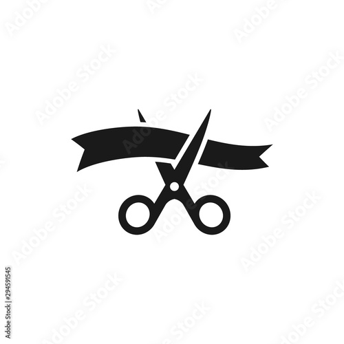 Scissors cutting ribbon simple black vector icon. Grand opening, inauguration symbol.