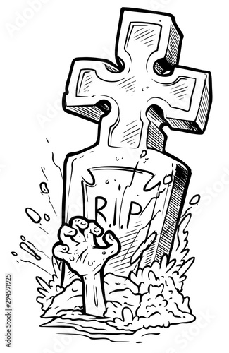 Cartoon graphic black and white tomb gravestone with cross, rising zombie hand and R.I.P text. Isolated on white background. Halloween vector icon.