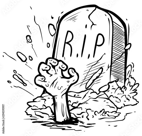 Cartoon graphic black and white tomb gravestone with grass, rising zombie hand and R.I.P text. Isolated on white background. Halloween vector icon.