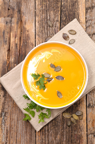 pumpkin soup with cream, top view
