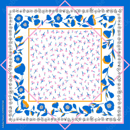 Beautiful floral vector ornament. Card, bandana print, kerchief design, napkin. Blue, orange, pink ornate pattern on white background. Ready for print.