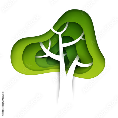 Abstract cartoon green tree in paper cut art style isolated on white background. Vector colorful minimalistic design concept. Creative 3d illustration or template.