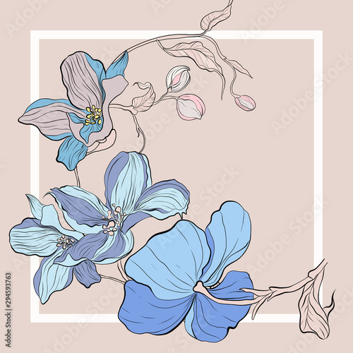 Trend colorful silk scarf with flowers. Pastel colors, blue and white.