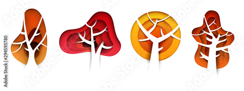 Set of abstract cartoon autumn trees in paper cut art style isolated on white background. Vector colorful minimalistic design concept. Creative 3d illustration or template.
