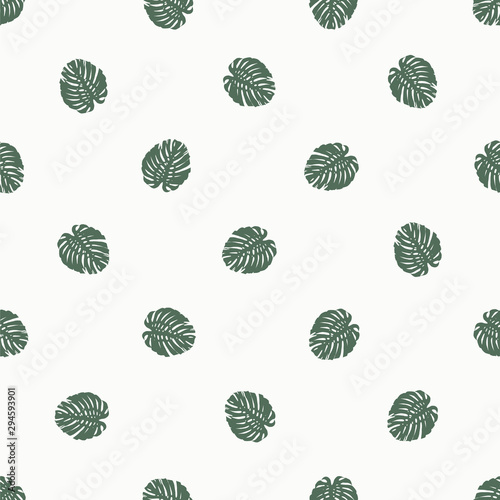 Botanical dot seamless pattern with tropical leaves on white backdrop. Monstera dot pattern backdrop. Green vector illustration.