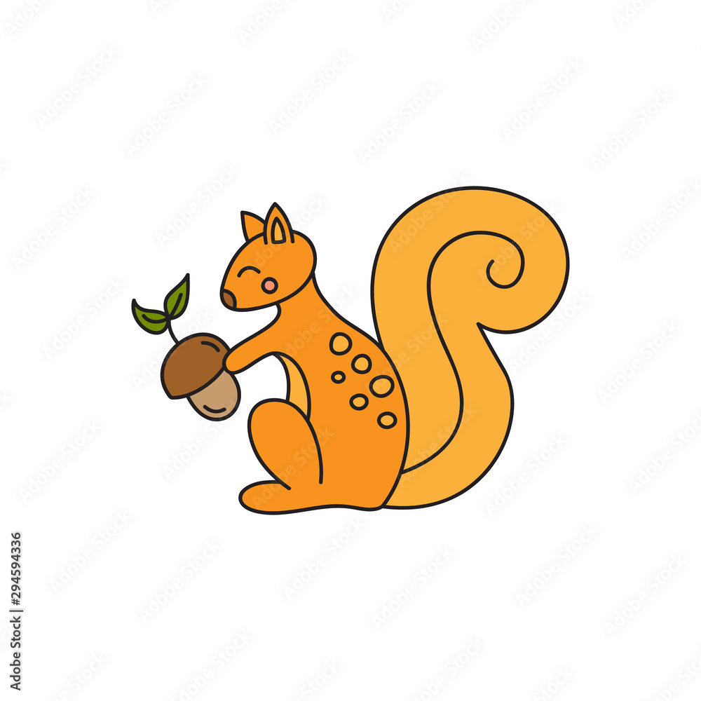 Squirrel vector illustration. Cute hand drawn outlined ginger squirrel sitting, holding acorn. Forest animal, isolated. Squirrel vector illustration. Cute hand drawn outlined ginger squirrel sitting, holding acorn. Forest animal, isolated.