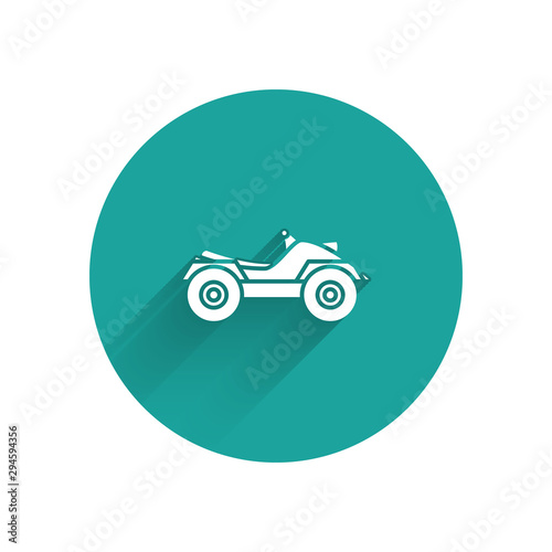White All Terrain Vehicle or ATV motorcycle icon isolated with long shadow. Quad bike. Extreme sport. Green circle button. Vector Illustration