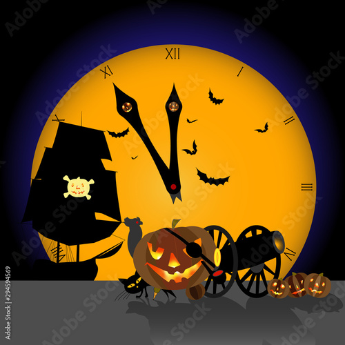 Vector Image. Halloween, Lame Pirate Pumpkin, Midnight Soon.