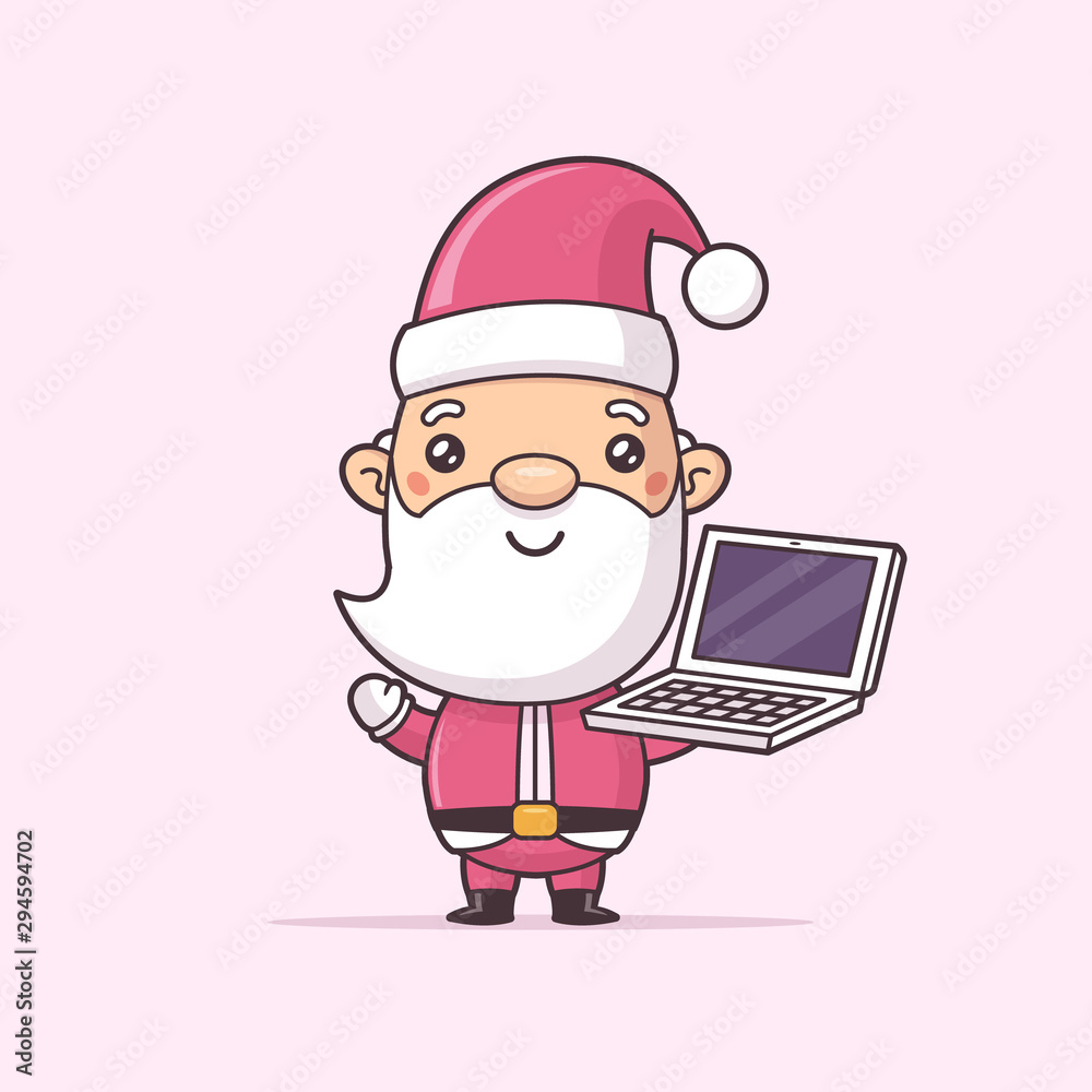 Santa Claus holding laptop computer vector kawaii cartoon illustration