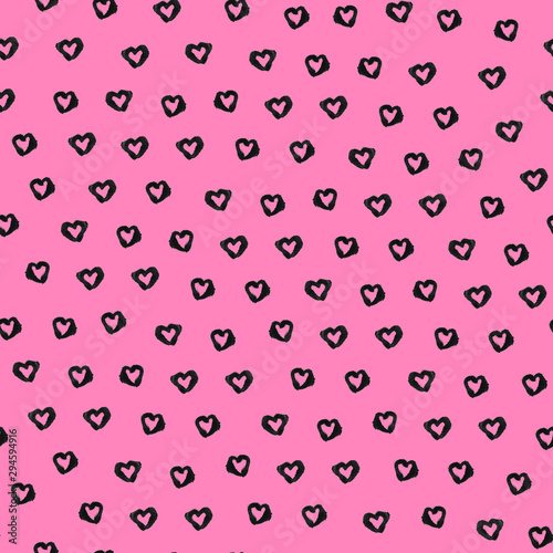 Seamless pattern with tiny black hearts. Pink background. Background for the site, the design of the packaging, wallpaper, template for Valentine's, Mother's Day, wedding, scrapbook
