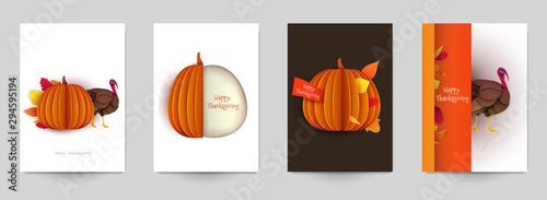 Set background for covers, invitations, posters, banners, flyers, placards. Minimal template design for branding, advertising with thanksgiving day composition in papercut style. Vector illustration.
