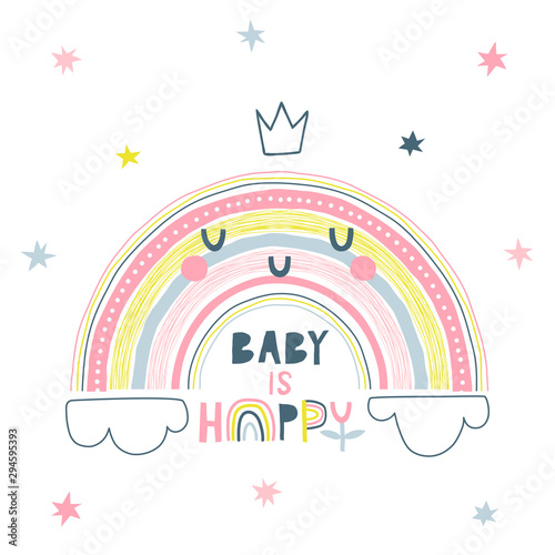 Baby is happy handwritten vector lettering. Cute kawaii princess rainbow color flat illustration. Stars, linear cloud, rainbow and text. Cartoon scribble, circle drops drawing and freehand optimistic