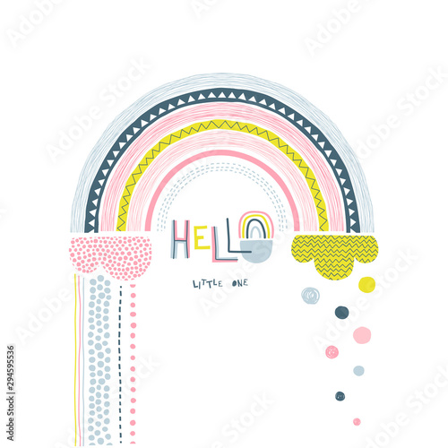 Hello little one handwritten vector lettering. Abstract decorative rainbow color flat illustration. Dotty round raindrops, textured cloud, bow and text. Cartoon scribble, circle drops drawing and