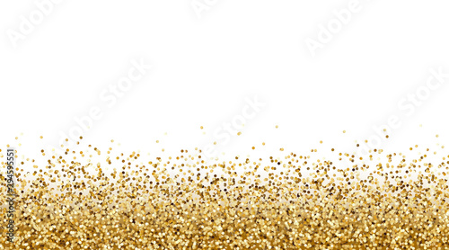 Gold glitter effect for gift, invite, vip luxury card design. Vector yellow confetti  border. Golden tinsel texture isolated on white background.
