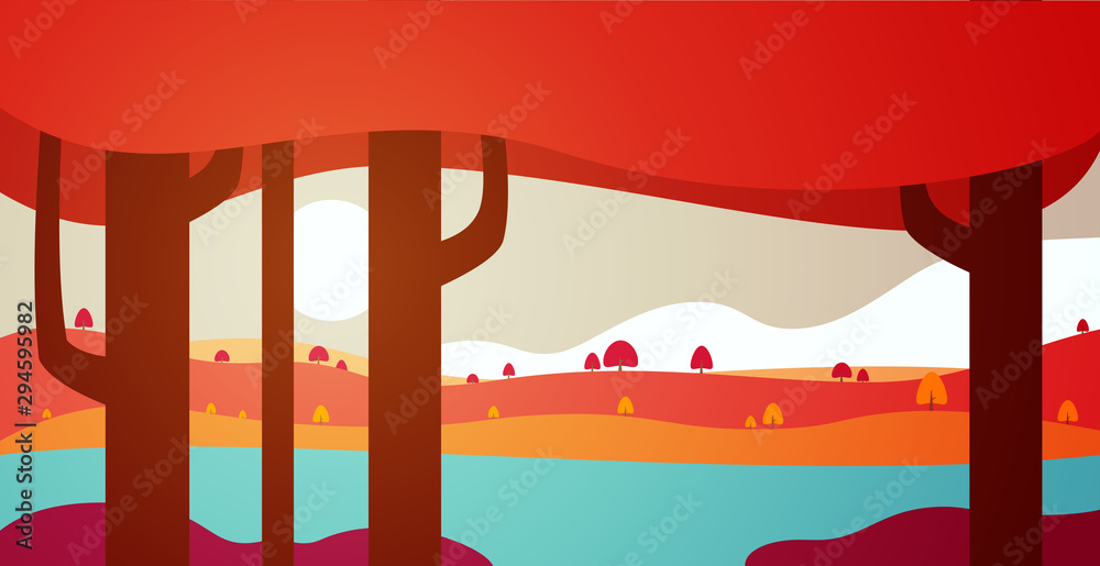 Fototapeta premium Autumn panoramic landscape background with trees, hills and river in flat colorful style. Cartoon vector horizontal illustration. Seasonal concept for design banner, card.