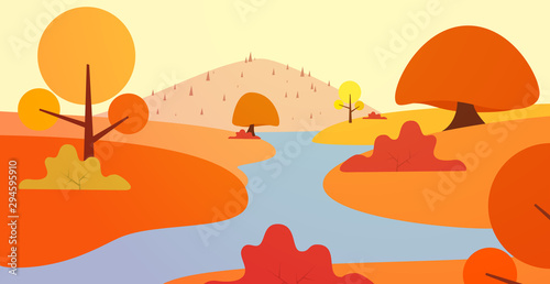 Autumn panoramic landscape background with trees  hills and river in flat colorful style. Cartoon vector horizontal illustration. Seasonal concept for design banner  card.