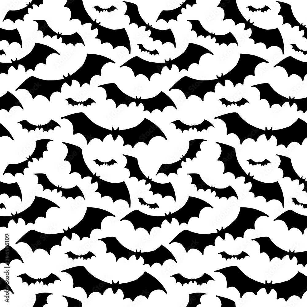 Halloween pattern. Black silhouettes of bats on a white background. Seamless vector backdrop. Halloween pattern. Black silhouettes of bats on a white background. Seamless vector backdrop.