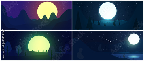 Set of beautiful night landscape panoramic composition with big moon, treers and hills. Vector fairy illustration in flat colorful style. Horisontal nature background.