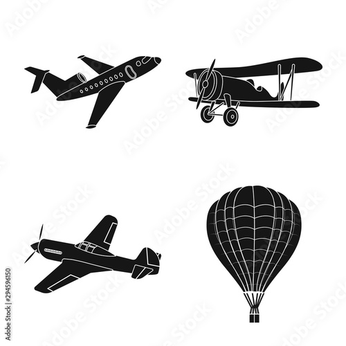 Vector illustration of plane and transport logo. Set of plane and sky stock symbol for web.