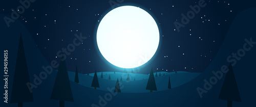 Beautiful night landscape panoramic composition with big moon, treers and hills. Vector fairy illustration in flat colorful style. Horisontal nature background.