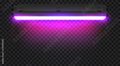 Realistic 3d ultraviolet long fluorescent light tube isolated on transparent background. Bright illuminated luminescence lamp. Vector illustration.