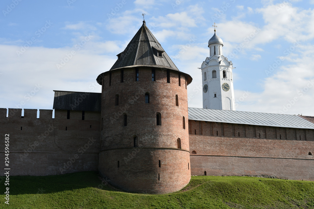 The ancient Novgorod Kremlin. A monument of architecture is included in the UNESCO list. Metropolitan tower and chapel. Summer view. Veliky Novgorod
