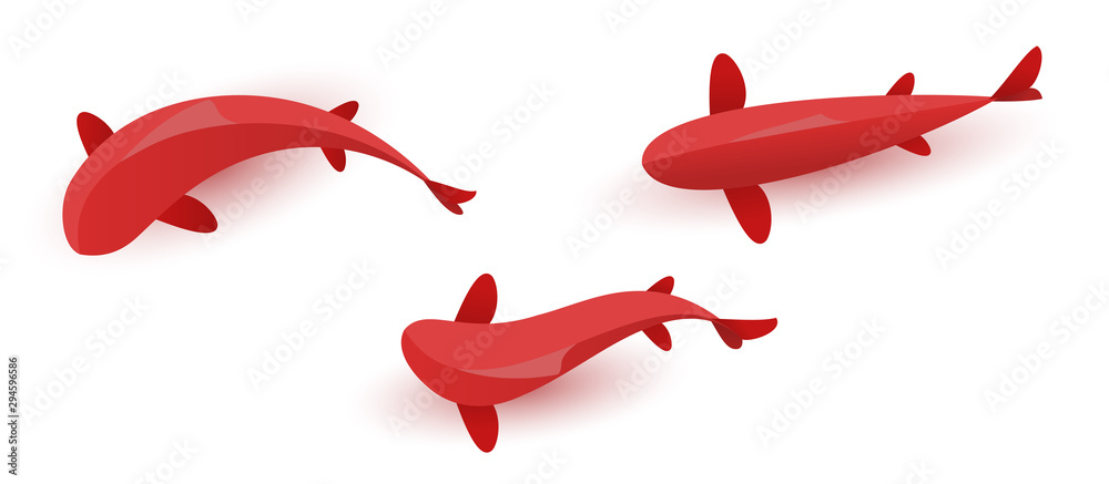 Set of red fish isolated on white background. Vector japanese koi carp or  golden fish in cartoon paper style. Top view. Minimalistic illustration.  Stock Vector