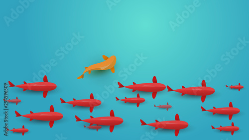 Red fish swim in water. Vector japanese koi carp or golden fish in cartoon paper style. Top view. Minimalistic design illustration.