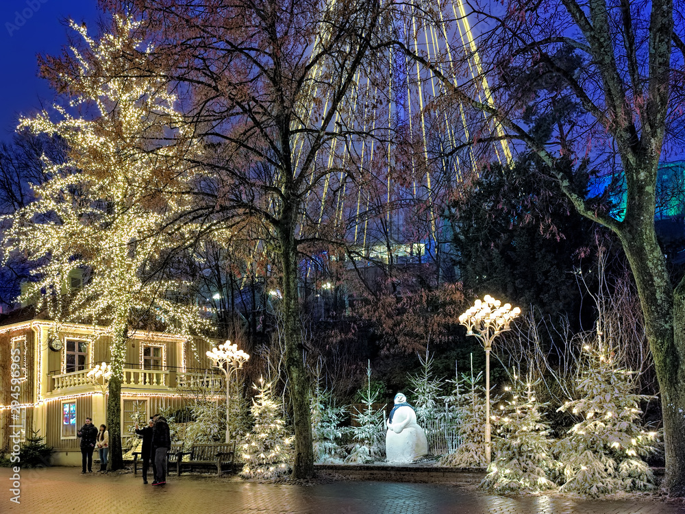 Liseberg amusement park with Christmas decoration in Gothenburg, Sweden. Liseberg is one of the most visited amusement parks in Scandinavia and the most famous Christmas Market of Sweden.