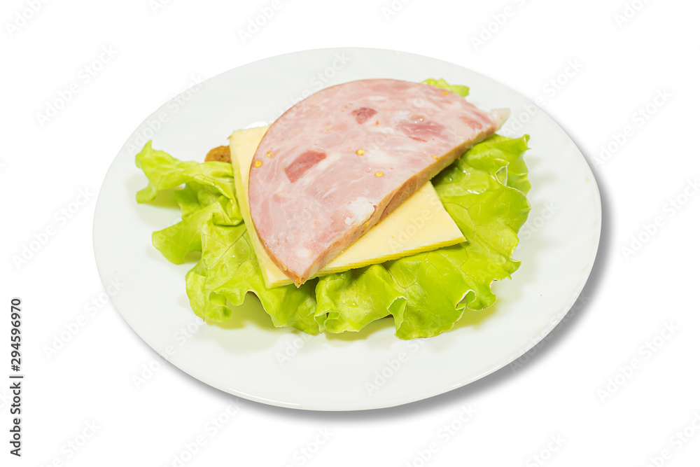 Tasty sandwich. slices of fresh bread with dried pork ham, green salad leaves on white plate. isolated on white