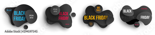 Black friday sale concept. Set of composition for branding banner, label, sticker, flyer, card in 3d paper cut style. Design promotion shop or market. Vector illustration isolated on white background.