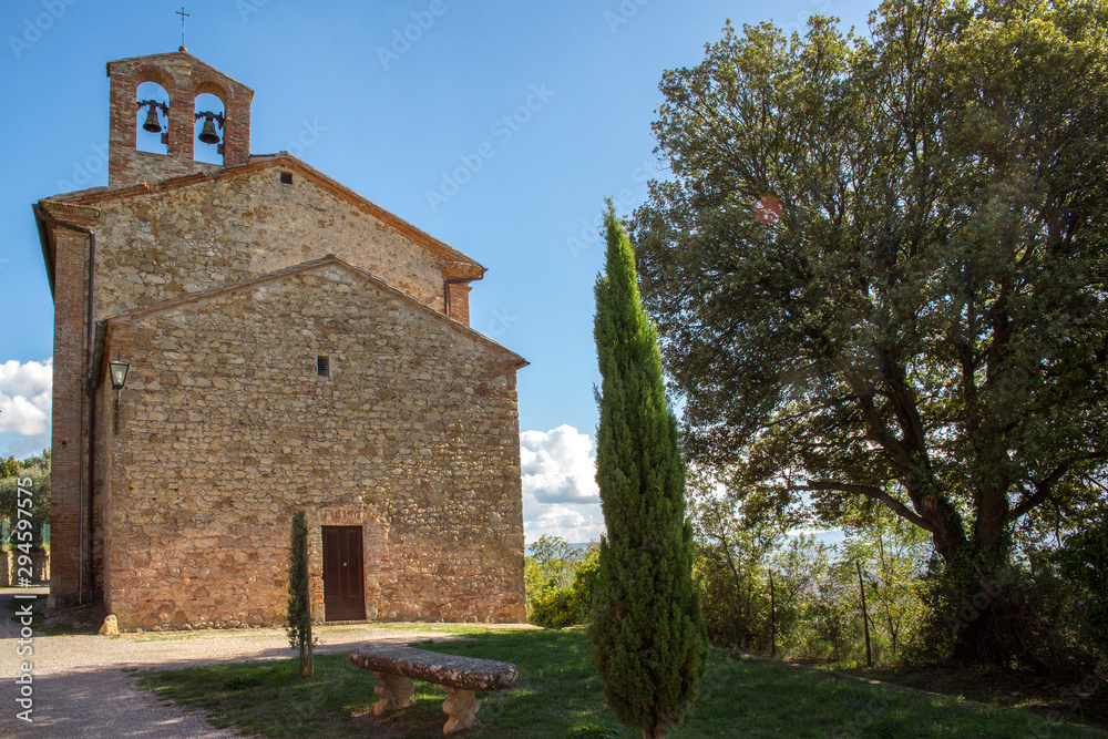 Fototapeta premium Facade of the church of Santa Caterina, a place of Catholic worship located at the western end of the built-up area Pienza, in Tuscany, Italy.