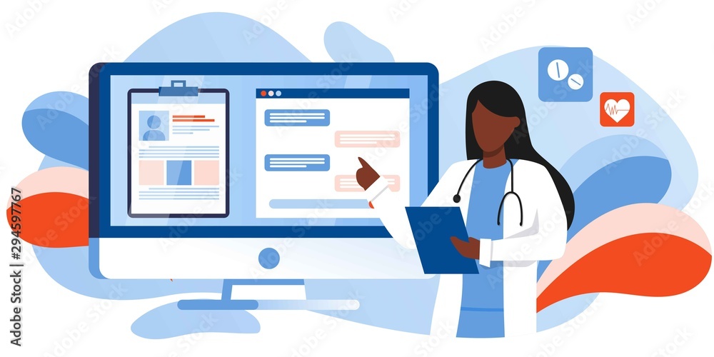 Patient consultation to the doctor via computer, phone. Online medical support. Online doctor. Healthcare services, Ask a doctor. Family Therapist with stethoscope. Medical file and chat on screen Patient consultation to the doctor via computer, phone. Online medical support. Online doctor. Healthcare services, Ask a doctor. Family Therapist with stethoscope. Medical file and chat on screen